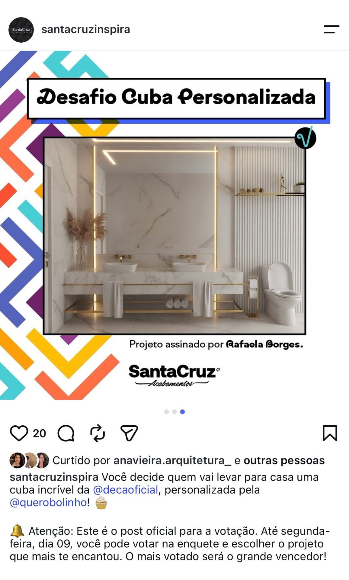 Publicação da SantaCruz Acabamentos com o projeto de Rafaela Borges